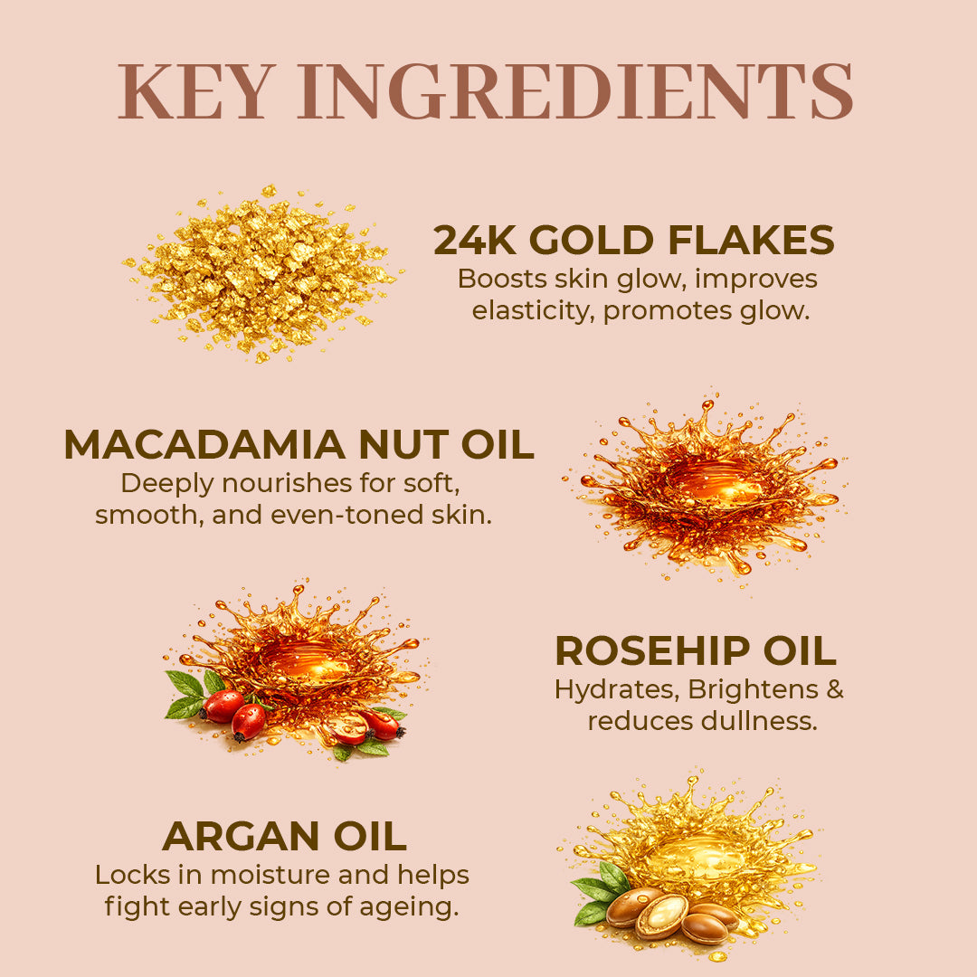 24 K Gold Glow Face Oil - 24K Gold Flakes & Rosehip Oil